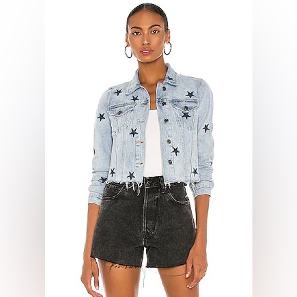 pistola Jackets & Blazers - Pistola Brando Light Blue Navy Star Embroidered Denim Jean Jacket Raw Hem Small